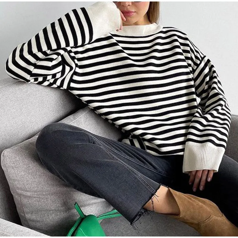 O Neck Vintage Striped Sweater Pullovers For Women Casual Loose Long Sleeves Jumpers Autumn Female Drop Shoulder Kintting Tops sweater for women