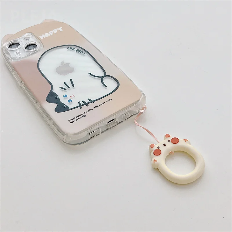 Cute Cartoon Cat Shape Phone Case For iPhone 13 12 11 Pro Max 12 Pro Finger Ring Strap Cover Transparent Protective Soft Funda best case for iphone 12 pro max