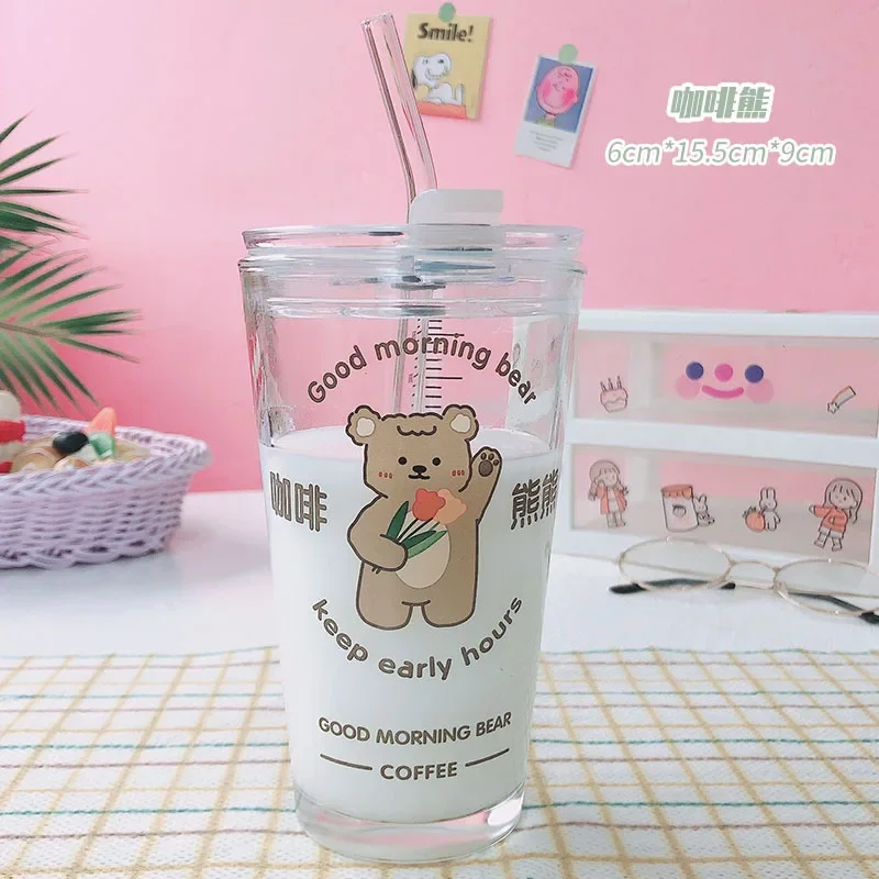 1pc Glass Bear Series Cup With Straw Creative And Cute Tumbler For Office,  Milk, Juice, And Water Drinking
