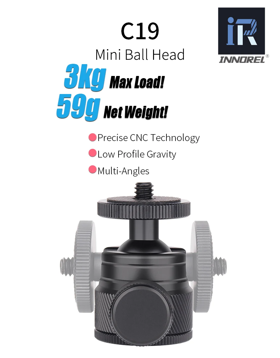 Mini Ball Head- C19 Mount Tripod Head-CNC Metal Low Profile Ballhead 360° Pan 90