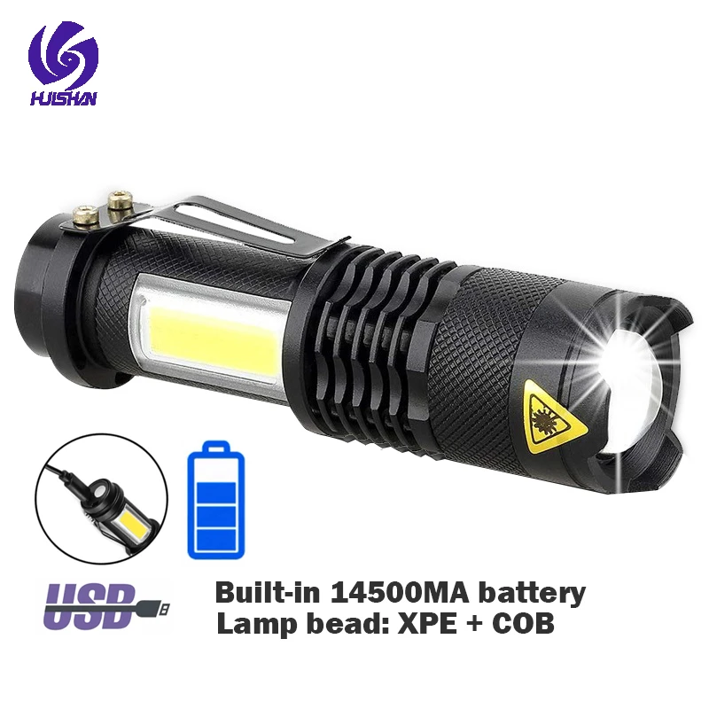 USB Mini rechargeable flashlight LED waterproof lamp bead with side lamp built-in battery lighting fishing camping flashlight flashtorch mini