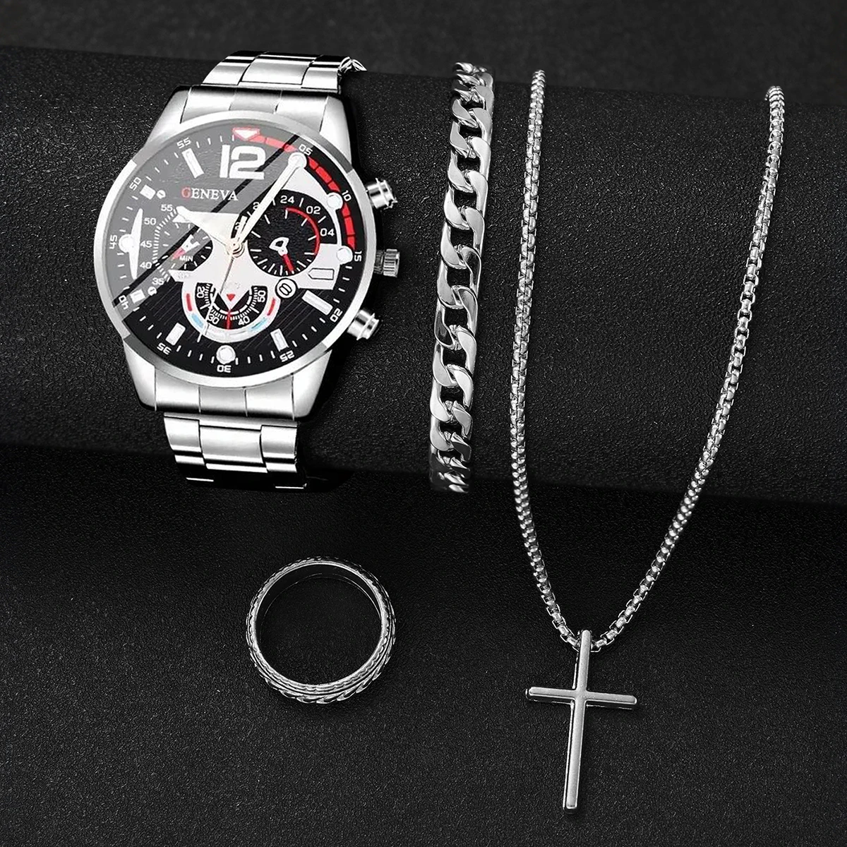 4pcs/set Fashion Men's Watch Set Business Calendar Quartz Watch with Bracelet Necklace Ring Set 2