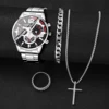4pcs/set Fashion Men's Watch Set Business Calendar Quartz Watch with Bracelet Necklace Ring Set 2