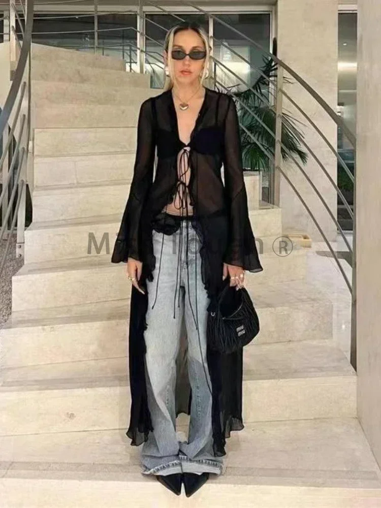 Vintage Y2k Black See Through Long Cardigan Women Sexy Grunge V-neck Streetwear Tops Summer Chic Aesthetic Bandage Slim Blouse 3