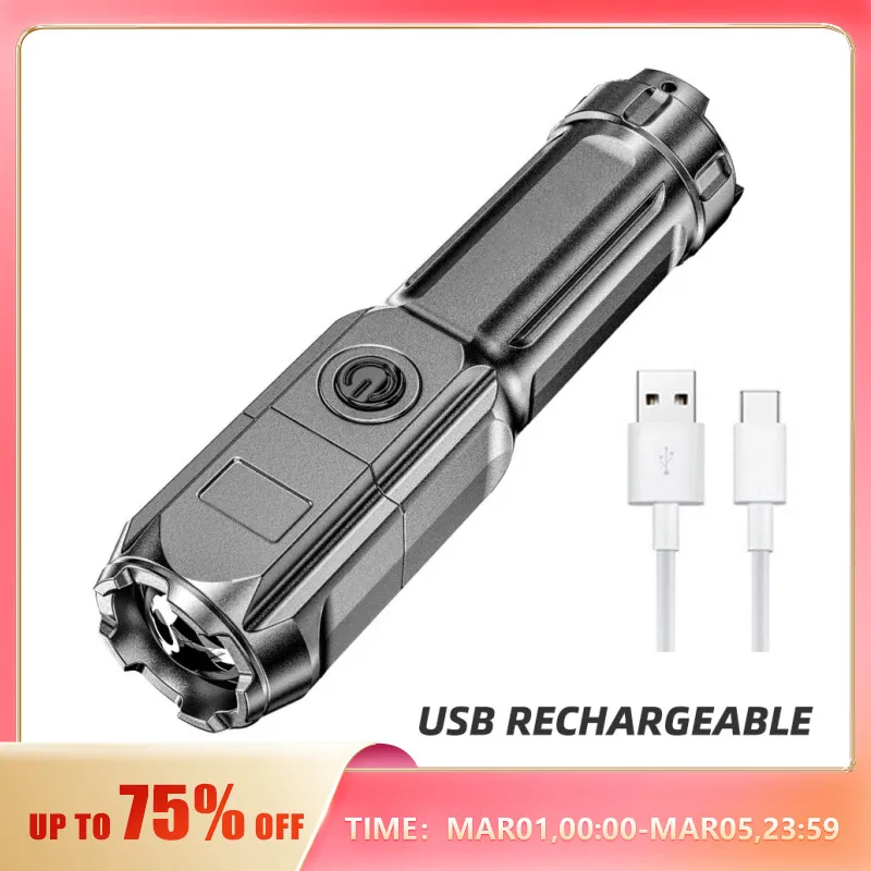 High Power LED Flashlight USB Rechargeable Torch Portable Zoomable Camping Light 3 Lighting Modes Use High Strength ABS Material