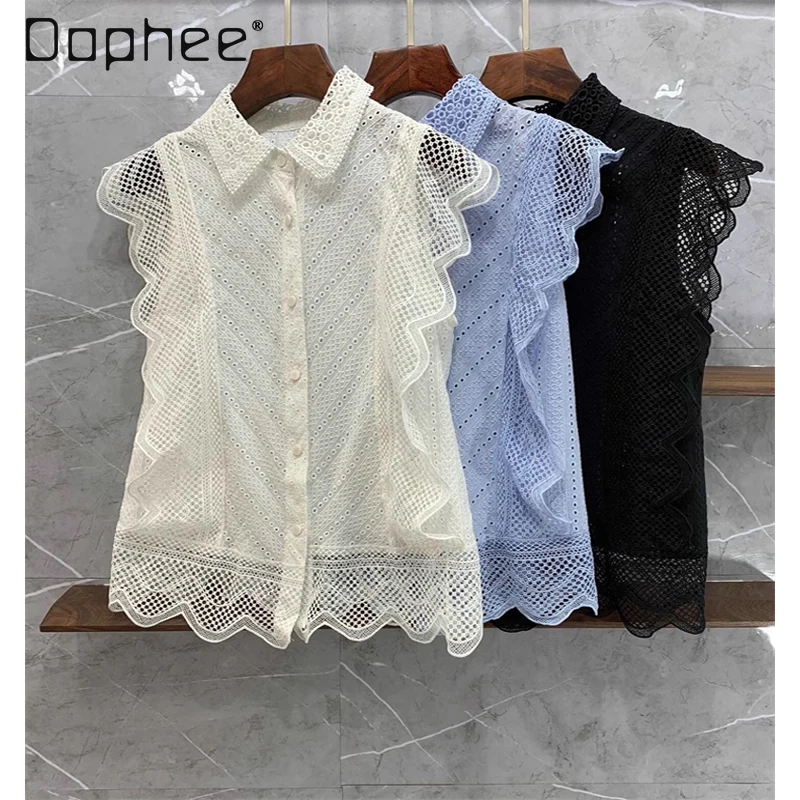 

Женская шифоновая блузка с короткими рукавами, элегантная кружевная ажурная рубашка без рукавов, лето 2024