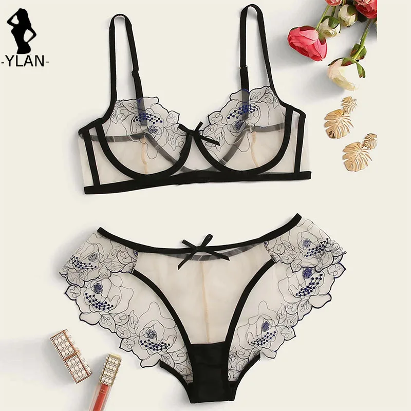 Floral besticktes BH-Set, sinnliches Dessous, Damen-Mesh, durchsichtiges Dessous-Set, sexy Unterwäsche, transparenter Büstenhalter_voghion.com