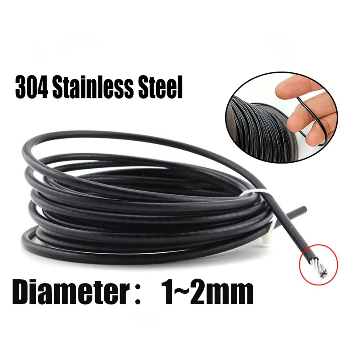 304 Stainless Steel Black Plastic Coated Steel Wire Rope 7 * 7 Structure 10/20 Meter Diameter After Coating 1mm 1.2mm 1.5mm 2mm