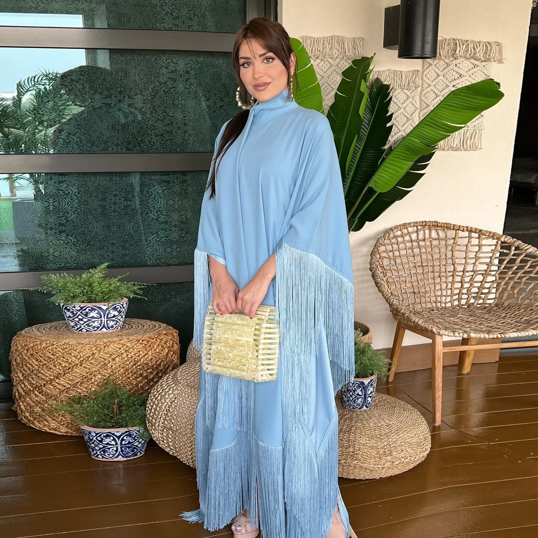 Modest Muslim Tassel Cloak Abaya for Women Fashion Loose Plus Size Batwing Sleeve Party Evening Dresses Moroccan Dubai Kaftan