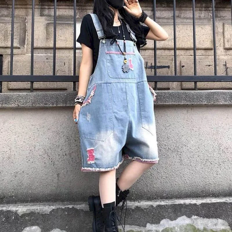 Denim Jumpsuit Women Oversized Loose Shorts Casual One Piece Outfit Women Playsuits Overall for Women Five-point Wide Leg Pants