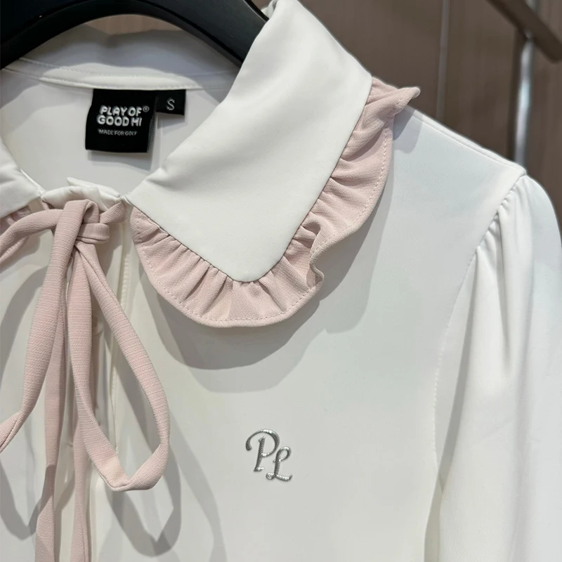 Golf Clothing Women Long-Sleeve Polo Shirt Ruffle Collar Elastic Tennis Tops Lady Pleated Bow Skirts High Waist Golf Skorts