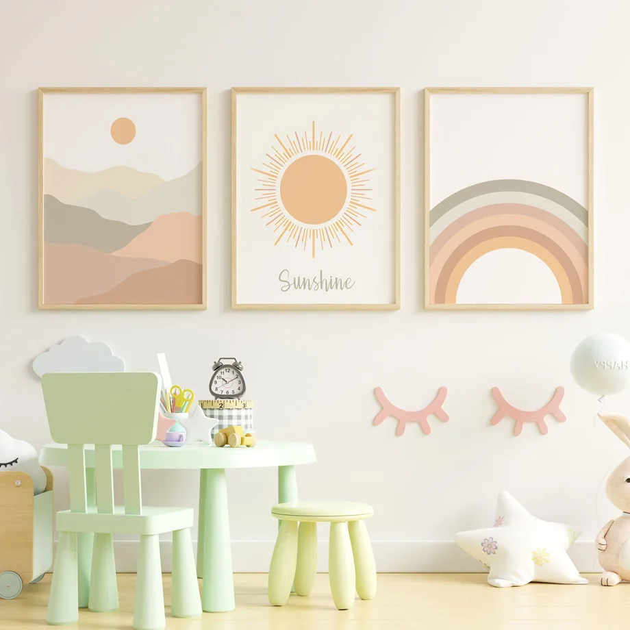 

Cartoon Sun Rainbow Mountain Nursery Posters And Print Wall Art Canvas Painting Wall Pictures For Baby Kids Room Home Decoration