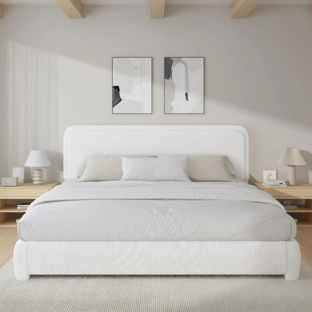 Bed Frame and Headboard, Boucle Upholstered Platform Bed Frame, Modern Style, Soft Rounded Corners, No Box Spring Required, 3