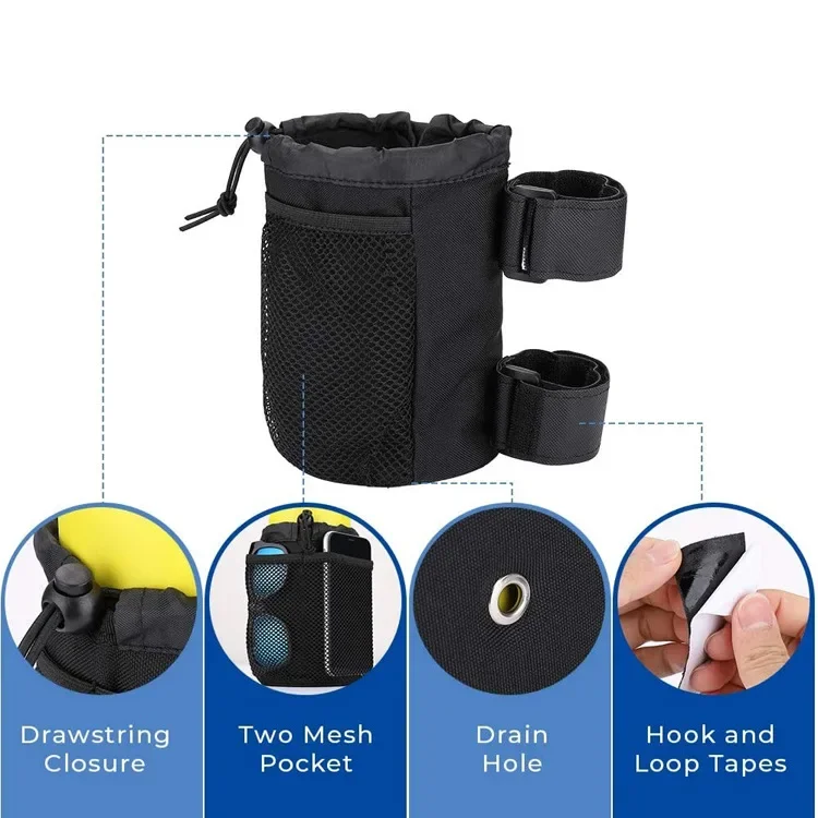 Description Picture 4 of item1PC Bicycle Motorbike Water Cup Holder Outdoor Oxford Cloth Bottle Bag Trolley Wheelchair with Mesh Bag Insulated Bumper Cover