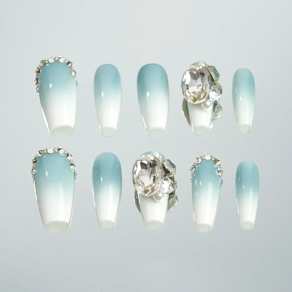 

10PCS/Set Medium Long Coffin Press On Nails Pink Glitter French Style False Nails With Rhinestone Shiny Fake Nails For Women