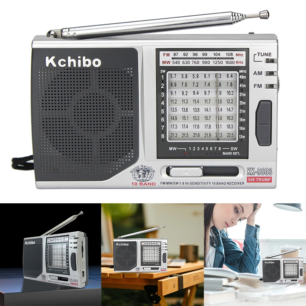KK-9803 미니 휴대용 라디오, 3.5mm 잭, FM/MW/SW1-8 포켓 라디오, 내장 스피커, 전체 10 밴드 라디오 배터리 작동