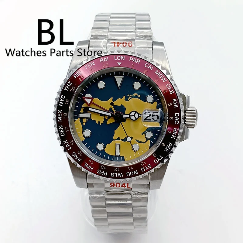 

BLIGER 40mm NH34 GMT Automatic Watch For Men Red Alloy Bezel Blue Dial Super Full Luminous Sapphire Glass Oyster Bracelet Date