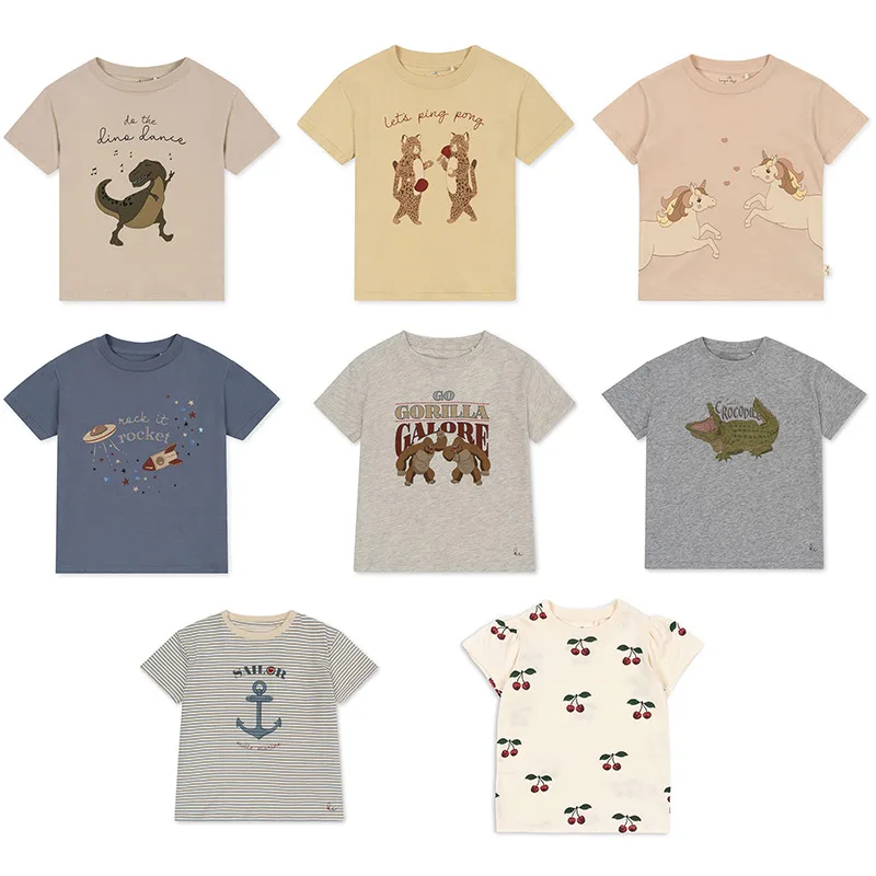 

Детские футболки 24ss, летняя Новинка, милые полосатые футболки с коротким рукавом и изображением вишни для мальчиков и девочек, детская футболка, детская одежда