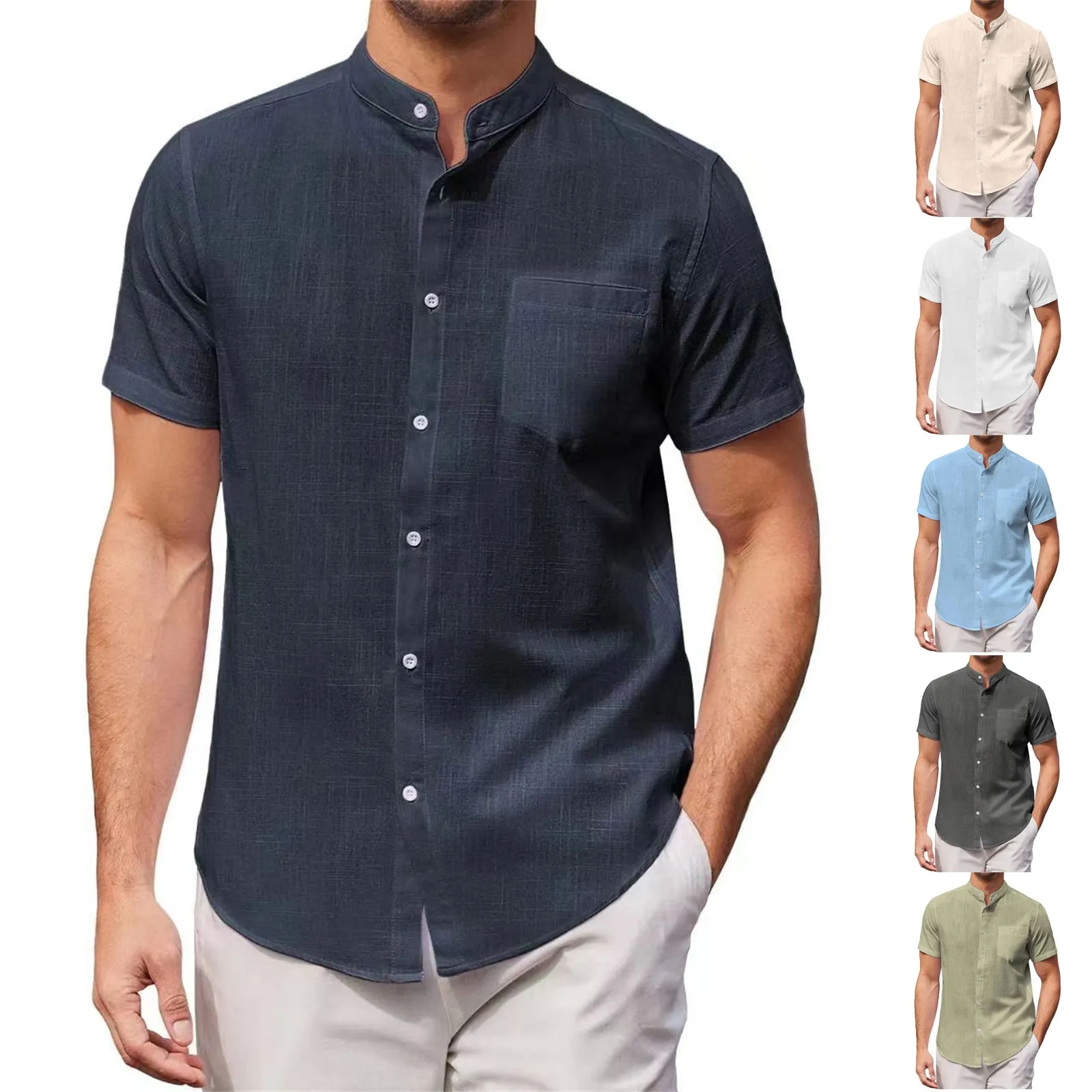 

Vintage Designer Men's Shirts Casual Solid Color Short Sleeve Shirts Black Loose Stand Collar Shirts Blouse shirts and blouses
