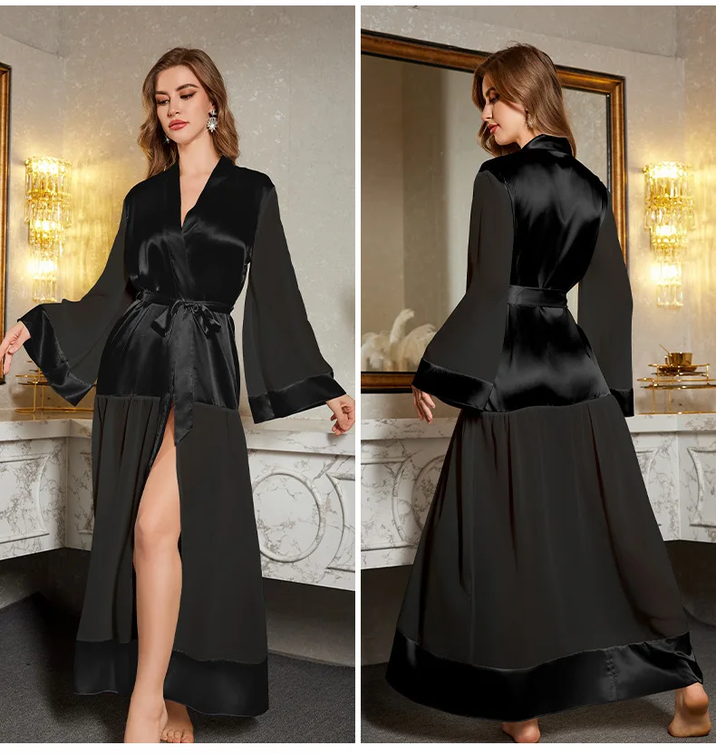 Female Long Robe Sexy White Mesh Patchwork Nightgown Kimono Bathrobe Dressing Gown New Elegant Silky Satin Home Dress Loungewear