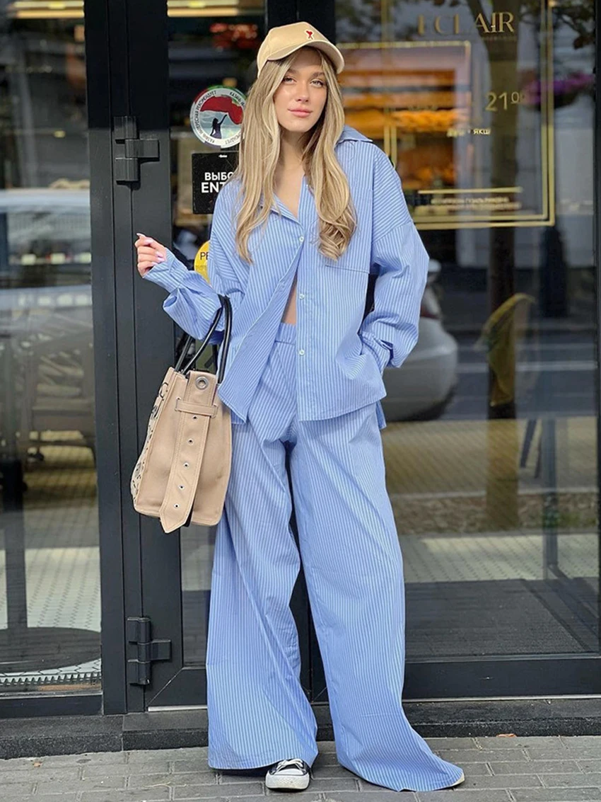 

Marthaqiqi Striped Femme Sleepwear Set Long Sleeve Nightwear Turn-Down Collar Nightgowns Pants Fashion Women Pajama 2 Piece Suit
