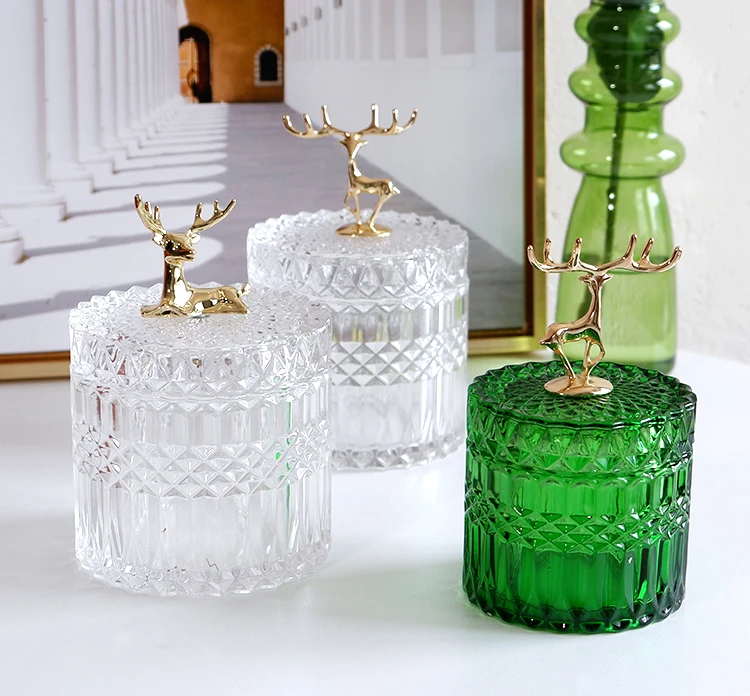 French Elk Glass Storage Jar Luxury Green Jewelry Cotton Swab Box Desktop Small Object Aromatherapy Candle Bottle Decor