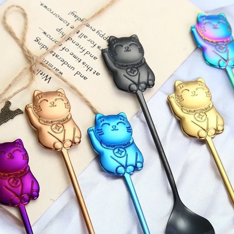 Stainless Steel Spoon Ice Cream Dessert Spoon Creative 304 Stainless Steel Cartoon Lucky Cat Gift Coffee Stirring