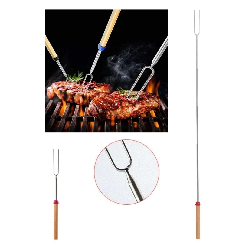 4pcs Telescoping Marshmallows Roasting Stick Extendable Stainless Steel Forks Wooden Handle BBQ Fork Camping Accessories A0KF