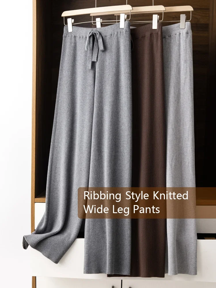 Cotton Pants Ladies Pants Women Ribbing Knitted Pants Floor Length Long Trousers Wide Leg Soft Korea Fashion Winter