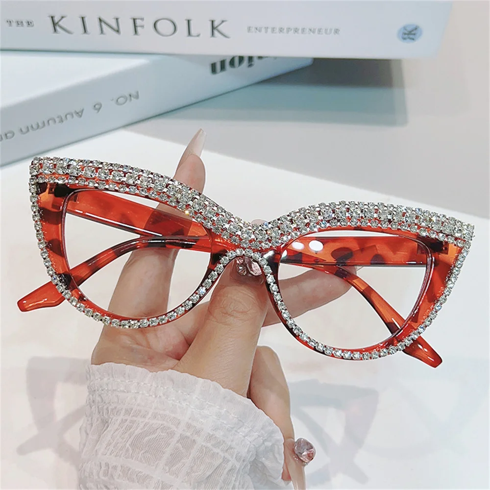 

Luxury Diamond Cat Eye Reading Glasses Frames Anti Blue Light Optical Women Fashion Rhinestone Eyewear Brand Designer Eyeglasses