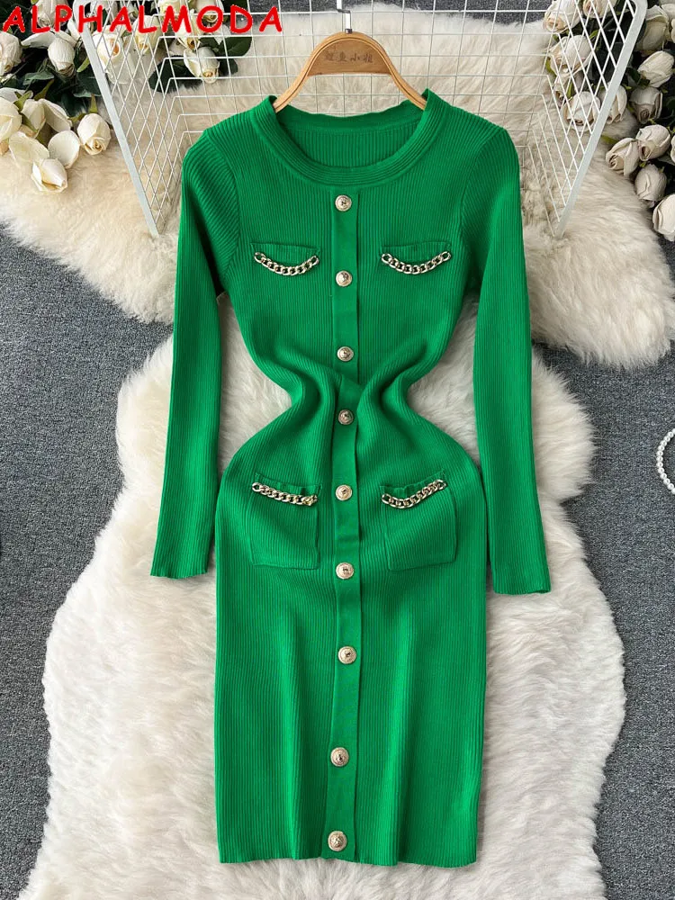 

Женское трикотажное платье ALPHALMODA, с цепочкой с искусственным карманом и длинными рукавами, с круглым вырезом, пуловер тонкий, на осень 2022