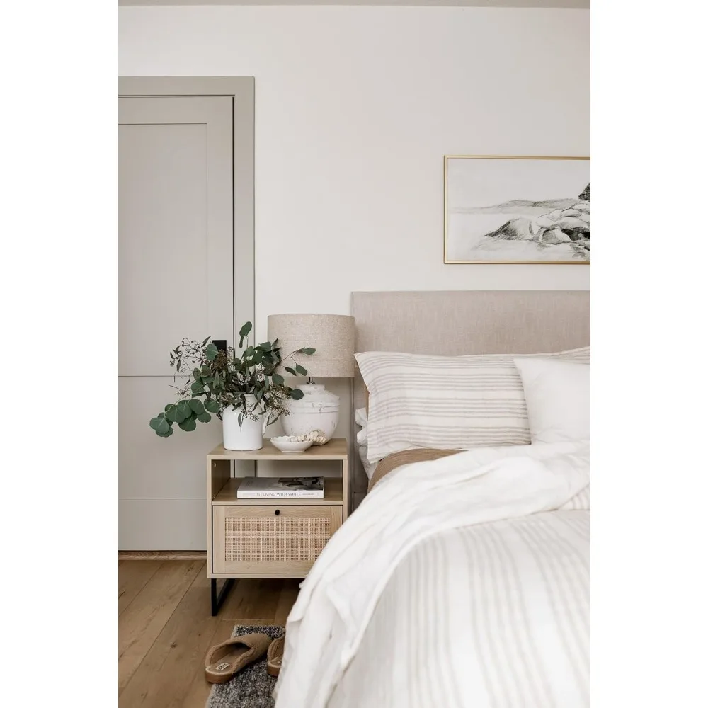 Rattan Wood End Side Accent Table Nightstand with Storage 6