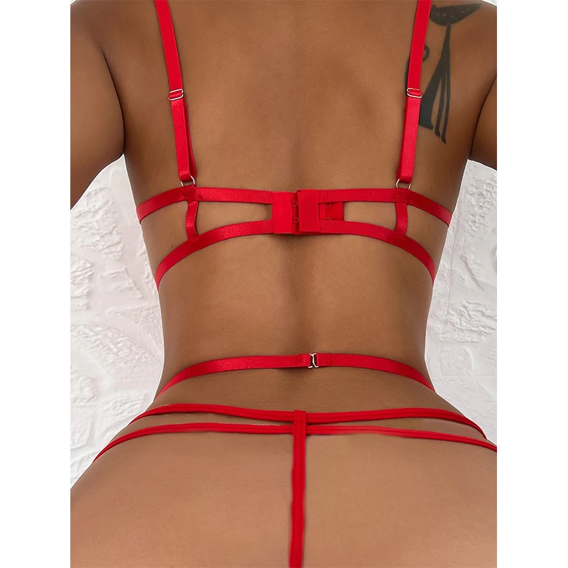 Women Halter Bra Set Open Solid Mesh Lace Patchwork Chemises Underwear Set With Garter Belts Lingerie