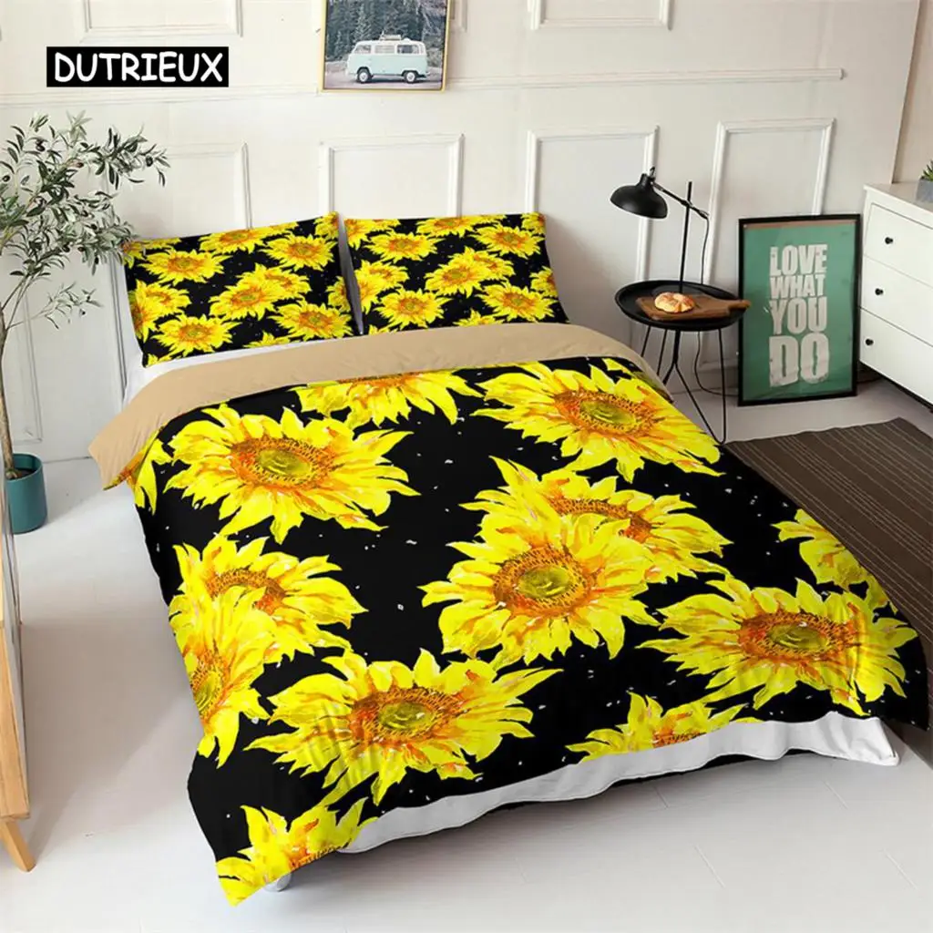 

Sunflower Duvet Cover Set Yellow Flower Twin Bedding Set Polyester Black Gold Yellow Sunflowers Print Quilt Cover for Kids Teens