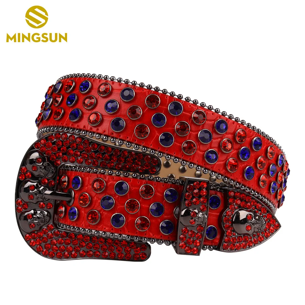 

Western Rhinestone Studded Belt For Men Designer Belts Women High Quality Red Skull Head Jeans Belt Ceinture Homme Luxe Marque