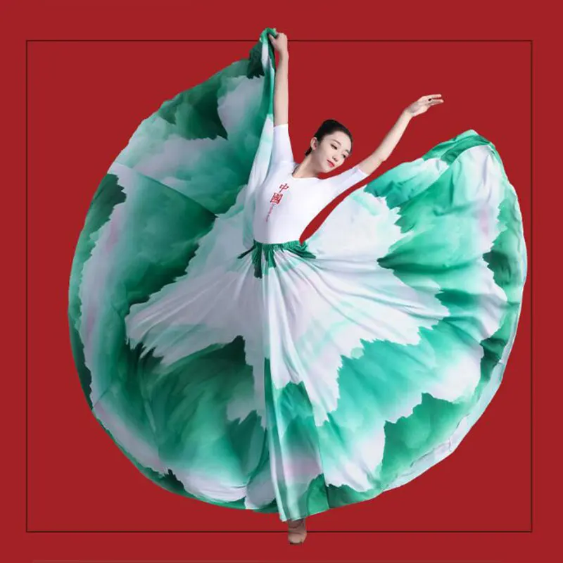 360/720 Degree Chinese Style Ink Painting Skirt Big Swing Chiffon Skirt Lady Classical Dance Skirts Practice Performance Dress