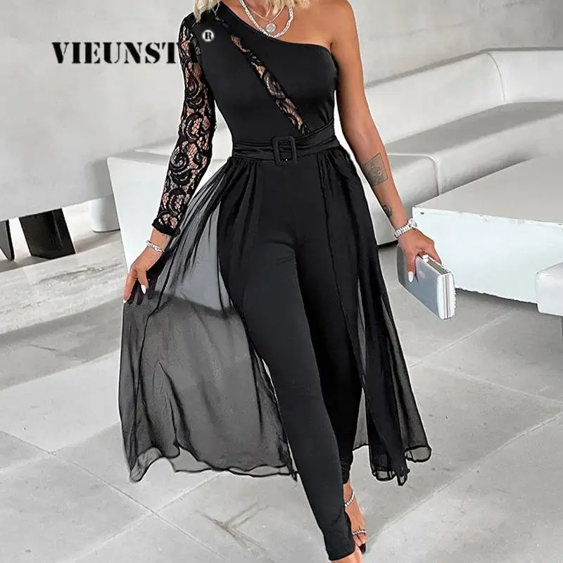 

Elegant Lace Patchwork One Shoulder Sleeve Jumpsuits Women Spring Mesh Spliced Long Rompers Ladies Sexy Slim One Pieces Overalls