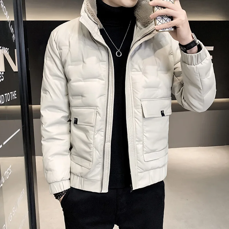 2023 Winter New Leather Down Jacket Men's Slim Standing Collar Thickened Warm Black Coat Winter Jacket Men  Coat Men Winter