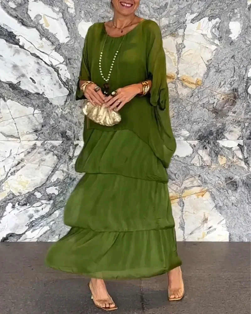 Flower Print Chiffon Dresses Women Fashion Temperament O Neck Bat Sleeve Layered Cake Dress Female Spring Summer New Vestidos