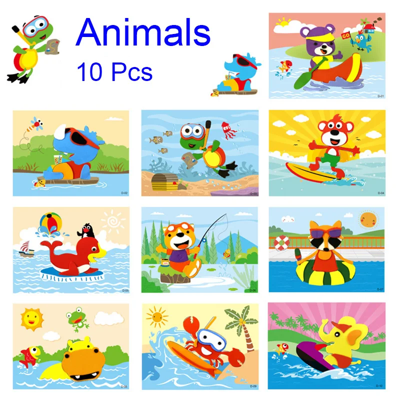 10 Pcs/Set 3D EVA Foam Sticker Cartoon Ocean Animal Vehicles Dinosaur Series Handmade DIY Art Craft Puzzles Educational Toys eva foam sticker toys craft toys puzzle toys