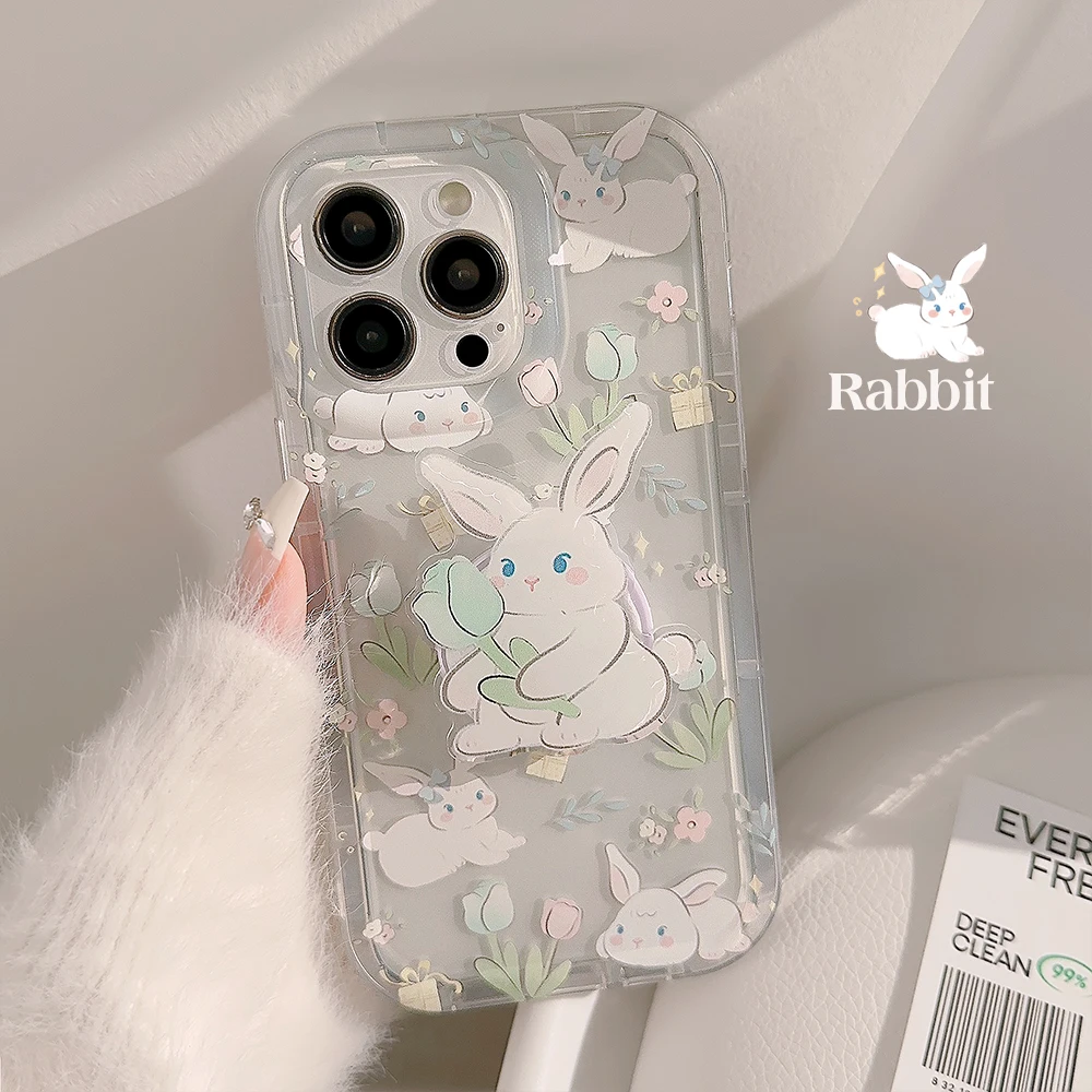 INS Flower Lovely Rabbit Bunny Bracket Case for iPhone 15 14 13 Pro Max 12 11 Pro Plus 7 8 Shockproof Transparent Cover