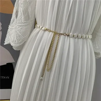 Pearl Shell Chain Belt Elegant Metal Thin Slim Waist Belts Dress Skirt Wild Waistbands Straps Fashion Women Clothes Accessories 2