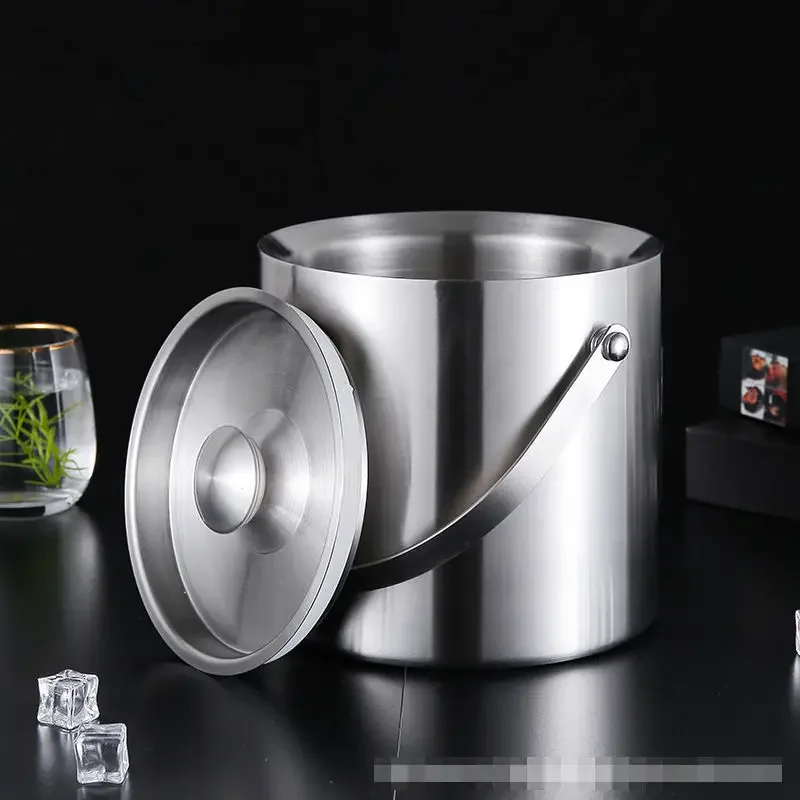 304 Stainless Steel Ice Bucket, Double-layer Thickened Handle Insulated Ice Bucket, Household Storage Bucket with Lid