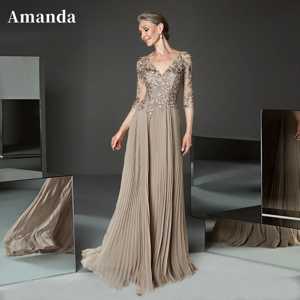 Amanda Elegant 3/4 Long Sleeve Mother Of The Bride Dresses For Weddings Pleat Lace Embroidery Robe De Fête De Mariage فستان سهرة