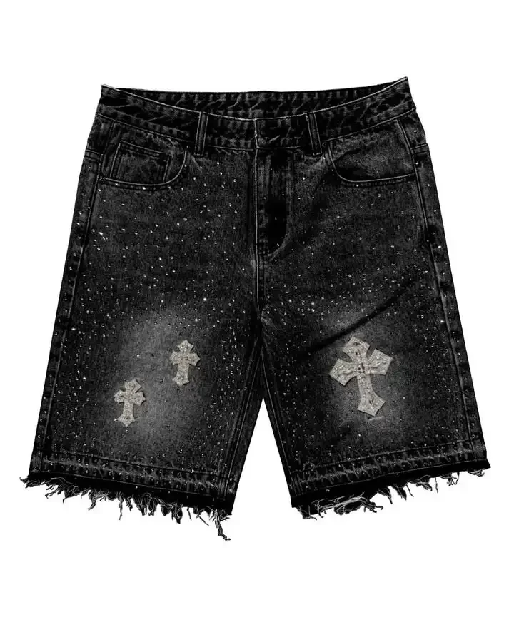 Men Black Distressed Denim Short Rhinestone Detailing Frayed Hem Casual Streetwear Summer Fashion Comfortable Stylish Daily Wear
