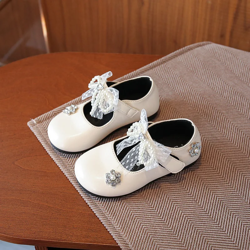 Girls Flat Shoes Round Toes Sweet Lace Bows Kids Leather Shoes Korean Style 2025 Autumn New Children Dance Shoes MaryJanes Ins