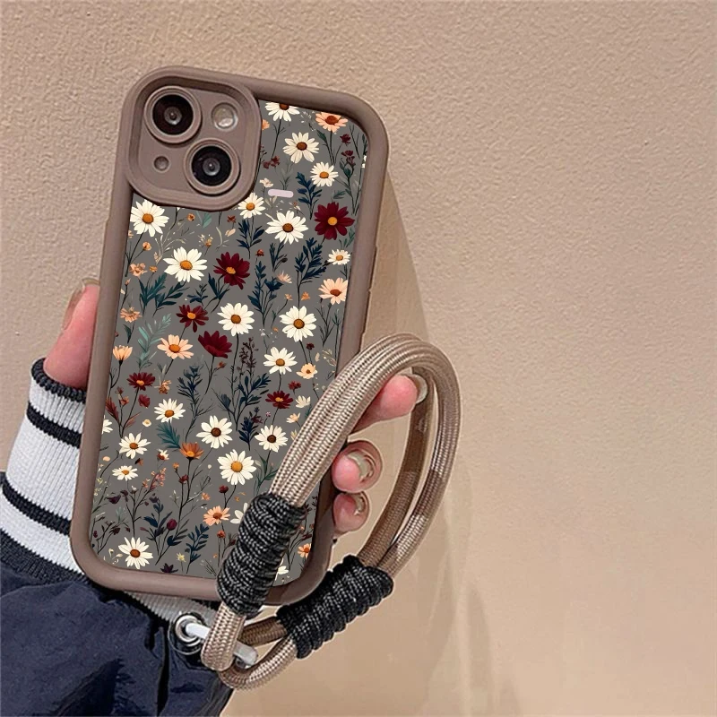 Retro Flower Strap Lanyard Phone Case with TPU Cover