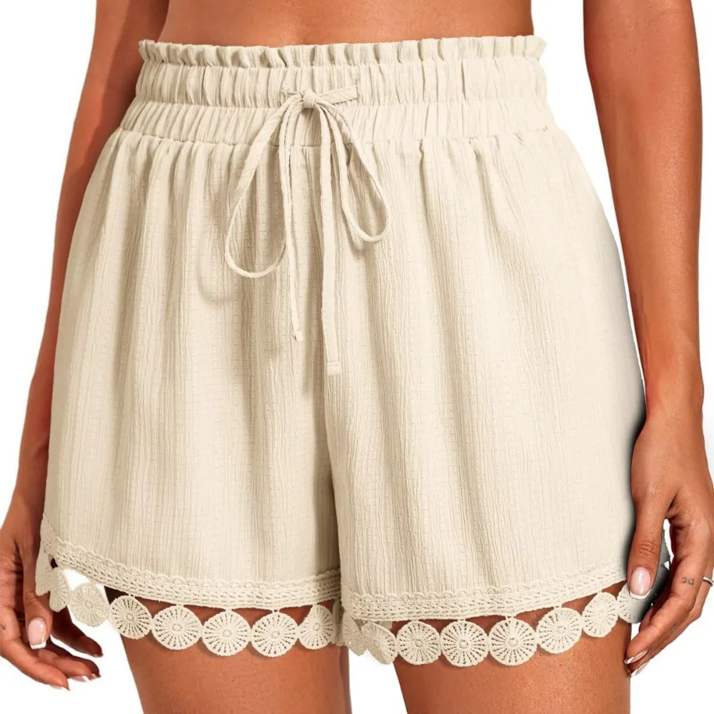 Nouveaux mini-shorts en dentelle à taille élastique, respirants, ajustables, à jambes larges, avec cordon de serrage, style bohème