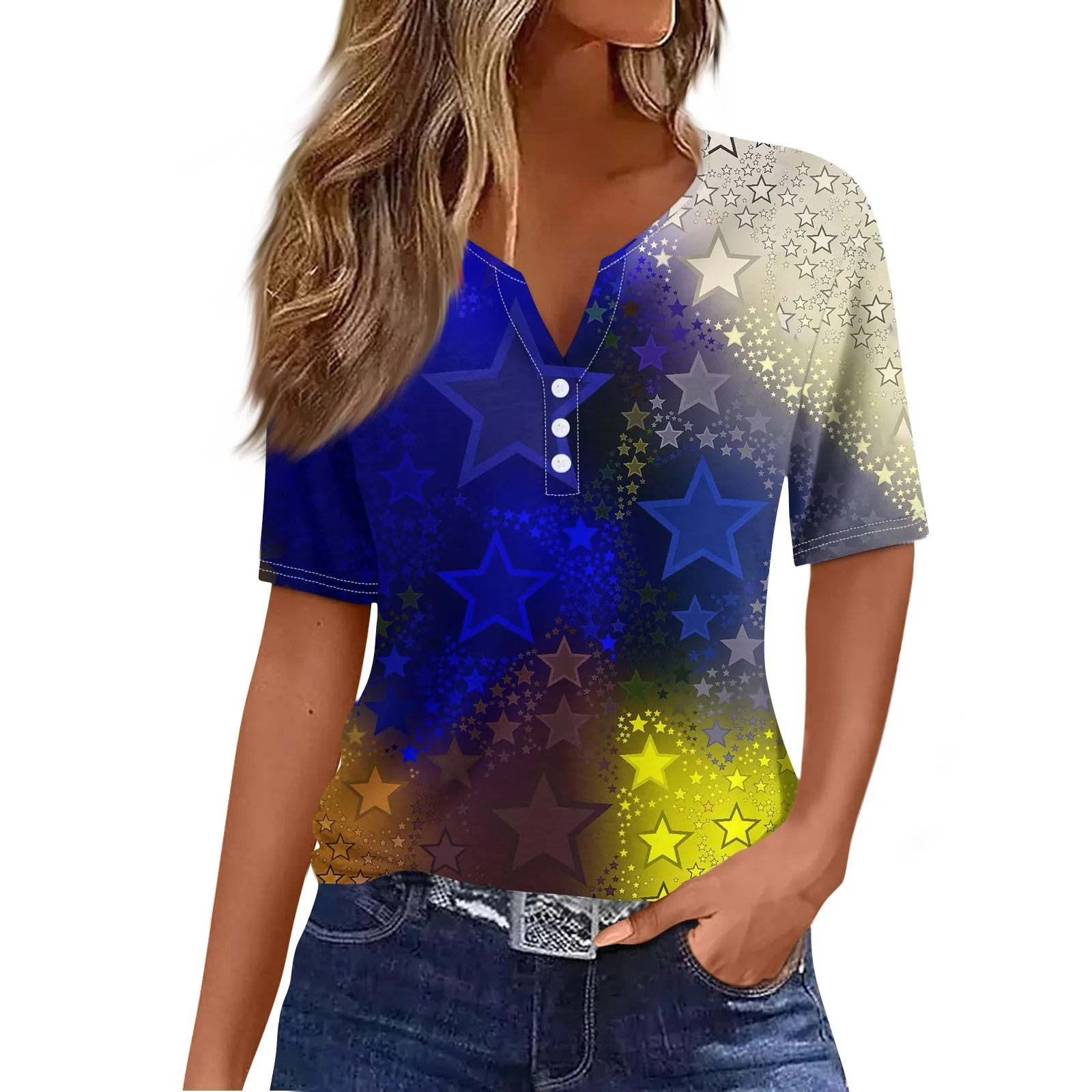 

2024 T Shirts For Girls Women'S T Shirt Tee Print Button Short Sleeve Daily Weekend Fashion Basic V- Neck Regular Blusa Feminina