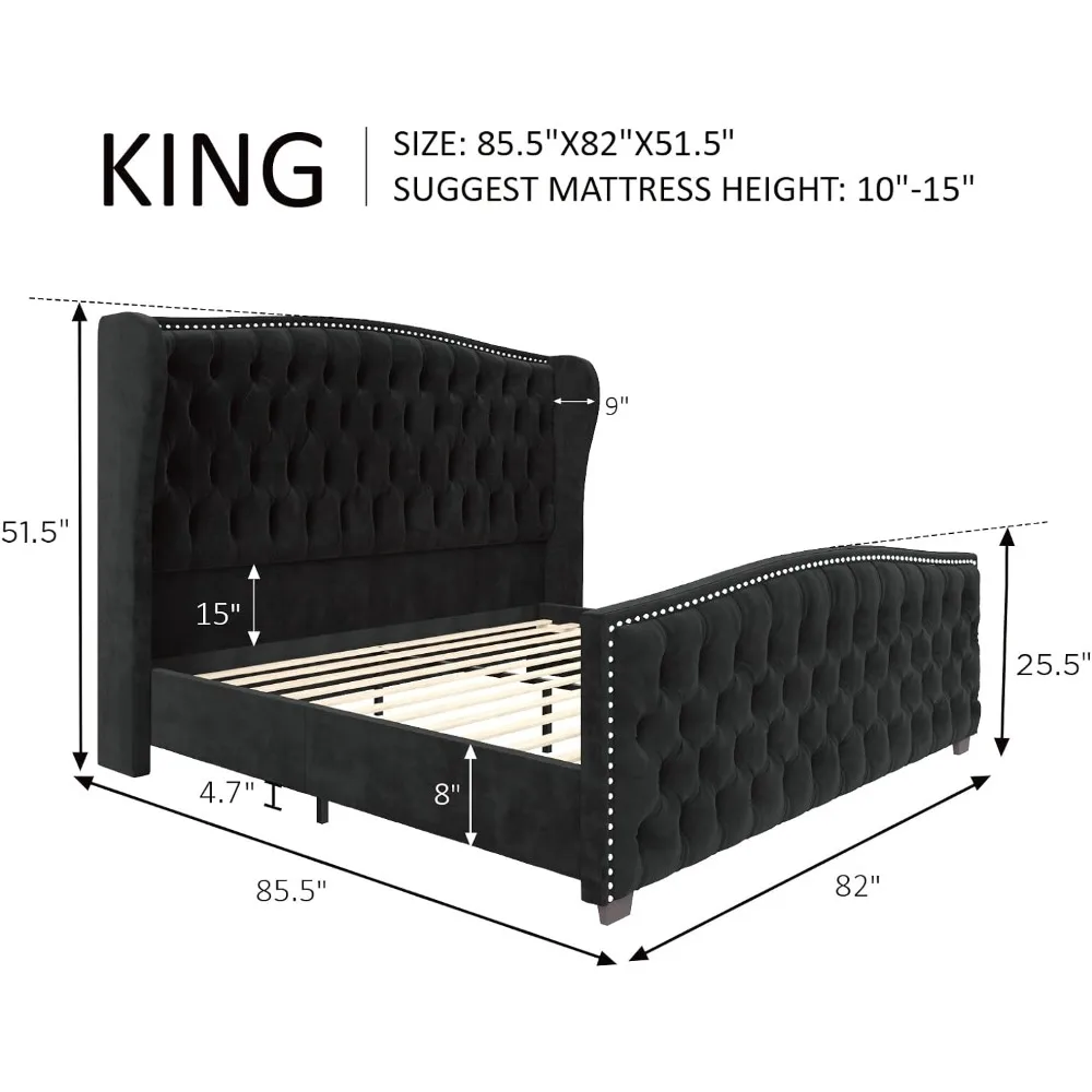 King Platform Bed Frame, Velvet Upholstered Bed with Deep Button Tufted & Nailhead Trim Wingback Headboard/No Box Spring Needed
